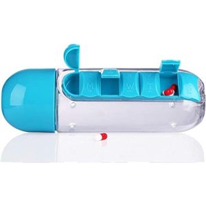 Blue Water Bottle With Built-In Daily Pill Box Organizer