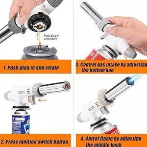 FLAME GUN Professional Butane Torch, White and Silver, Multi-Purpose Gas Blowtorch for Cooking, Soldering, Welding, Heating, Handheld Design with Safety Lock